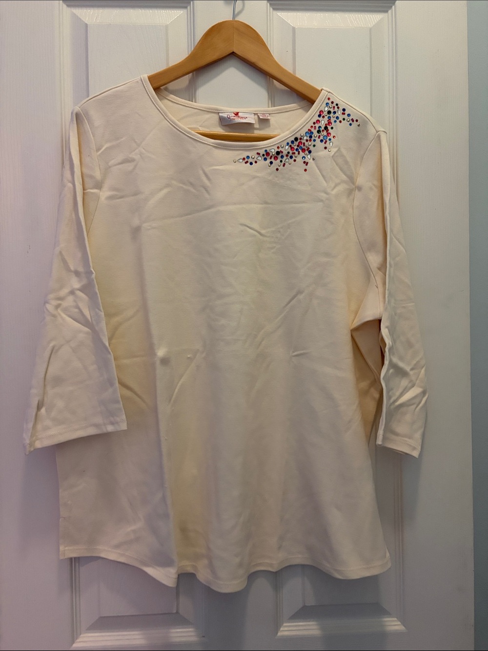 Quacker Factory Cream Long Sleeve Top with Multicolor Bead Accent